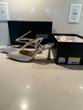 Badgley Mischka White Satin Pointed Toe Crystal-Strap Slingback Heels.